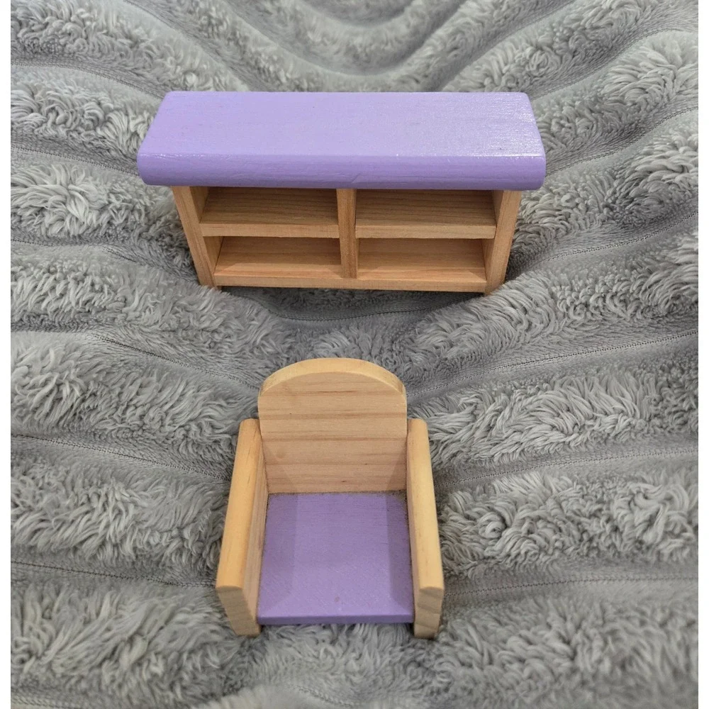 Handmade Wooden Dollhouse Furniture Set Purple Miniature TV Stand and Chair